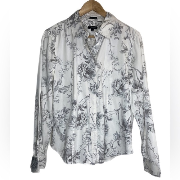 Talbots grayscale floral button down stretch long sleeve blouse - Picture 1 of 4